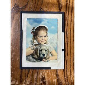 Vintage Framed Little Girl & Puppy Portrait Print